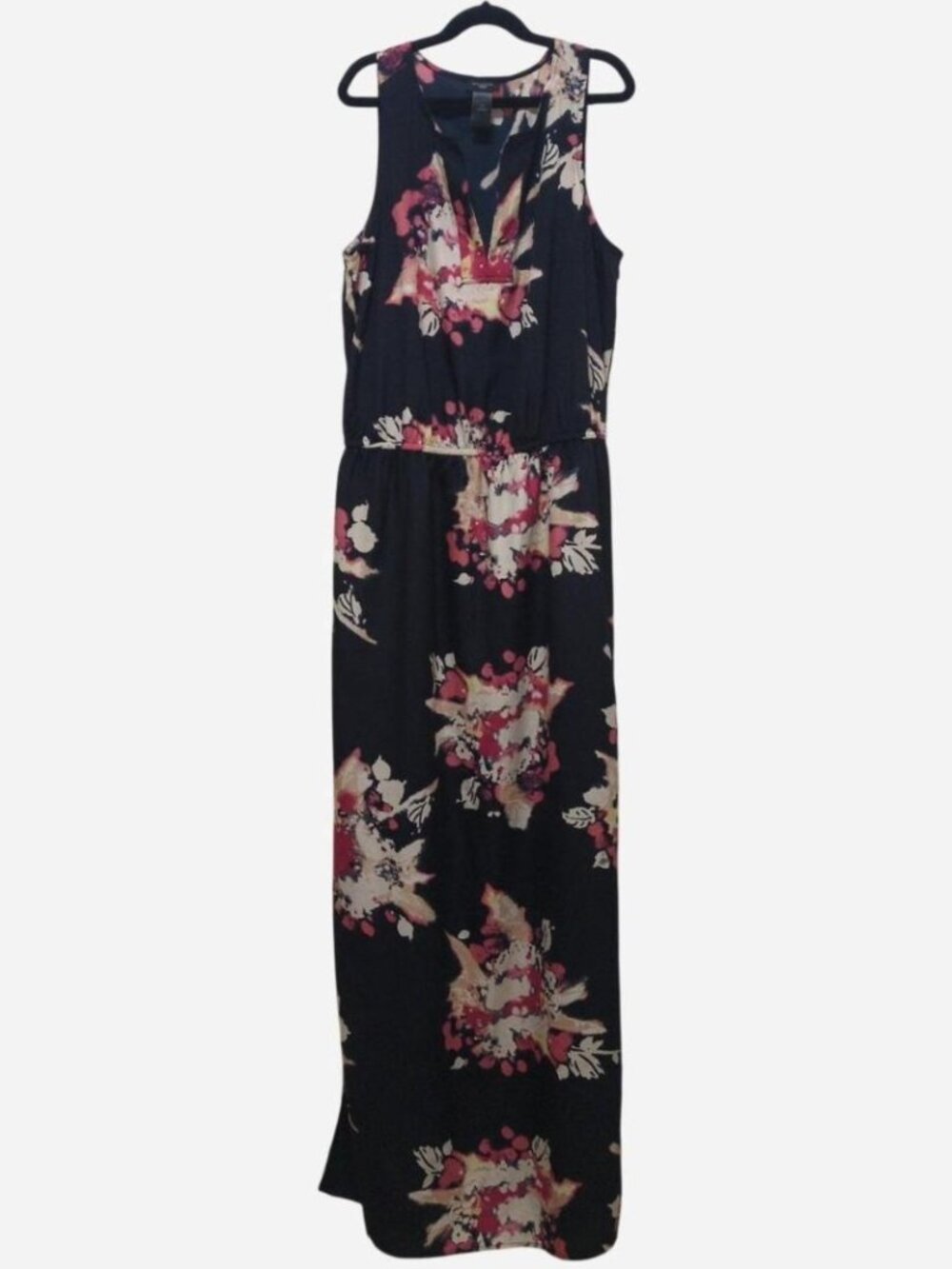 Ann Taylor Petite M V-Neck Cinched Sleeveless Black Maxi Watercolor Floral Dress